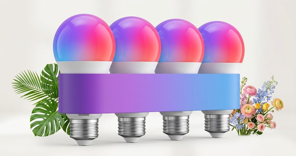 WiFi Bluetooth Light Bulbs. Govee A19 smart light bulb glowing in a modern desk lamp next to a laptop and books.