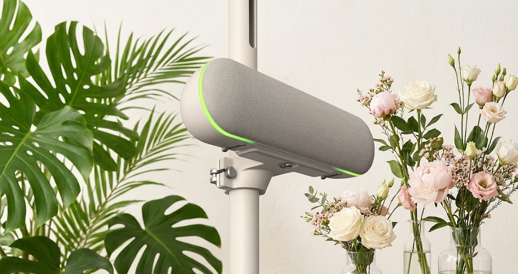 LG StanbyME XT7S speaker mounted on a portable display stand using wireless Bluetooth audio pairing.