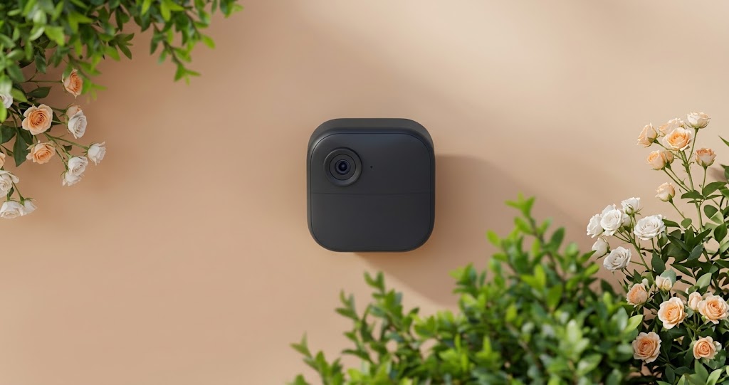 Blink Outdoor 4 wireless outdoor security camera mounted on clean home siding near an entryway.
