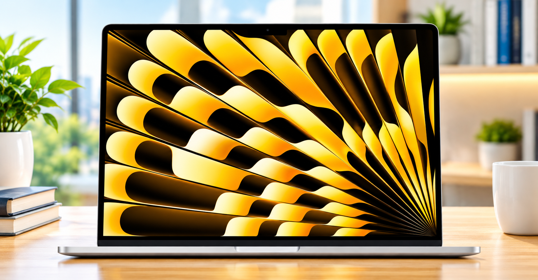Apple M5 Chip Laptop. Starlight Apple 15-inch MacBook Air with M5 chip open on a clean modern home office desk.