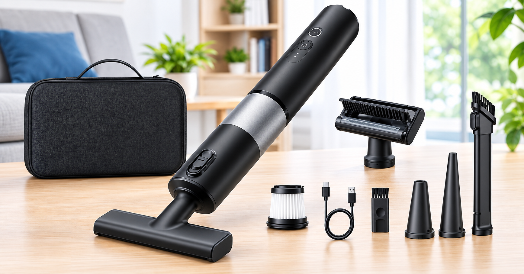 HOTO portable cordless handheld vacuum cleaner and air duster with nozzles inside its carrying case.