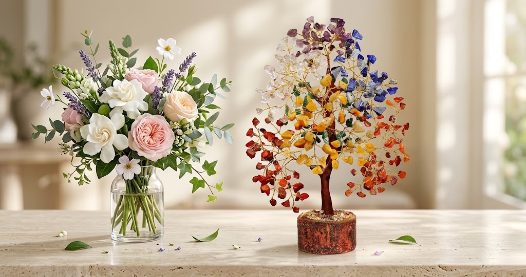 Handmade healing crystal tree with chakra gemstones displayed on a wooden desk.