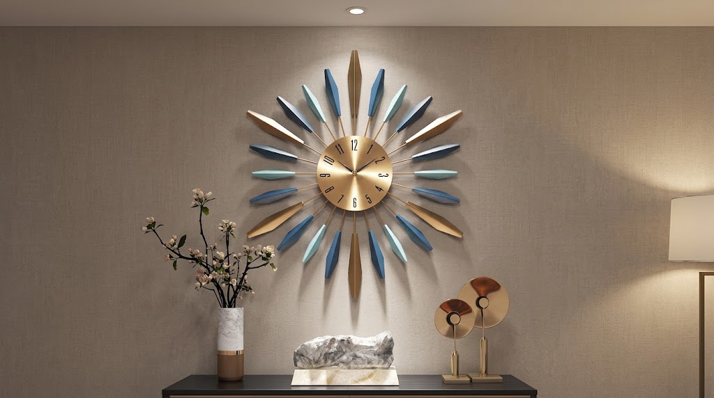 YISITEONE 22-inch large decorative wall clock mounted on a modern living room wall.